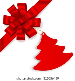 Red bow with christmas tree on white background. Vector illustration
