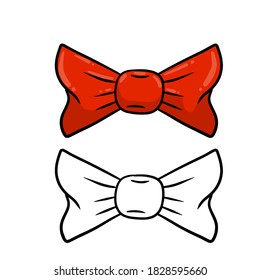 Red bow. Clothing decoration and women hair accessories. Set of color and black and white objects. Cartoon illustration