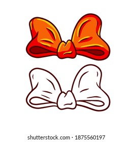 Red bow. Clothing decoration and women hair accessories. Set of color and black and white objects. Cartoon illustration