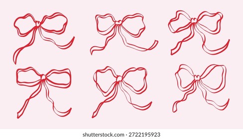 colección de lazo rojo Сoquette. Lindo conjunto de arcos dibujados a mano.