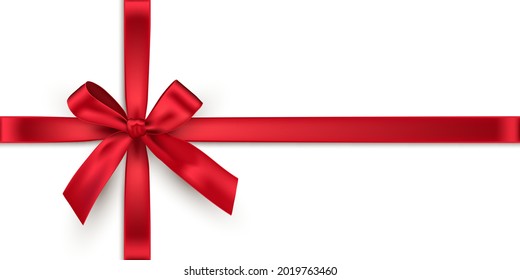 Red bow and crossed ribbons isolated on white background. Vector horizontal decorative New Year and Christmas design elements