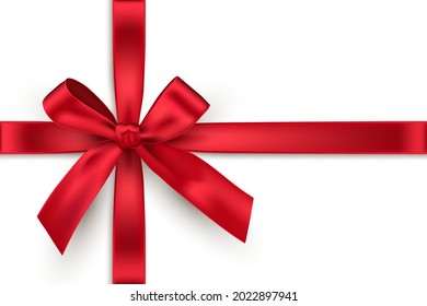 Red bow and crossed ribbons isolated on white background. Vector horizontal decorative New Year and Christmas design elements