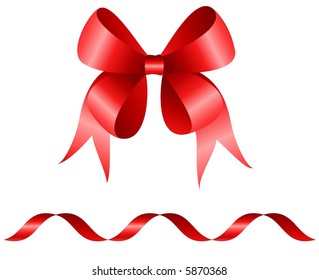 Red bow and curly ribbon isolated on white background - vector  illustration	