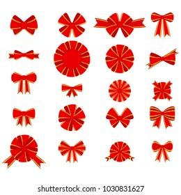 red bow for decorating gifts, surprises for holidays. Packing presents for birthday, new year and Christmas. Promotion and Discount flat illustration. Objects isolated on white background.