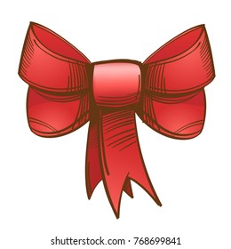 Red bow. Decorative element for Christmas and New Year design. Hand drawn vector illustration isolated on white background.