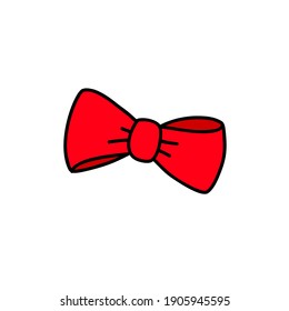 Red Bow. Doodle Outline Vector Illustration.