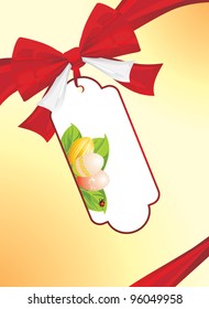 Red bow with festive Easter tag on the abstract background. Vector