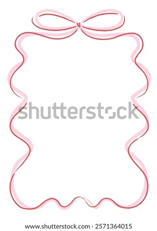 Red and pink ribbon bow frame, hand drawn romantic border design isolated on white background, template for greeting card or wedding invitation