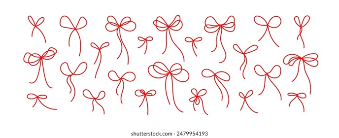 Red Bow Geschenkband. Minimale Kollektion. Festliche Musik verpackt, festliches Geschenk. Umrissrahmen im Skizzenstil. Handgezeichnete einfache Strich isoliert auf weißem Hintergrund. Vektorillustration