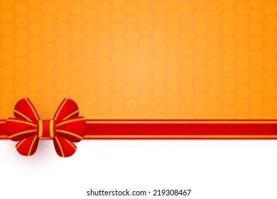 Red bow gift wrapping on an orange flower background. Vector illustration. 