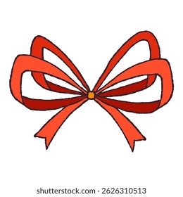 Red Bow in Hand Drawn Retro Style Isolated on White Background. Vintage ribbon. Cute funny bowknot perfect for Holiday events, cards, posters, patterns, gifts