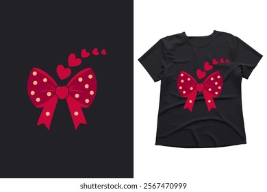 Red Bow with Hearts and Polka Dots on Black T-Shirt Design