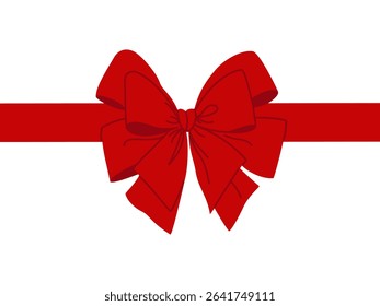 Red bow with horizontal ribbon. Festive decorative wrapping element. Hand drawn vector illustration isolated on white background, modern flat cartoon style.