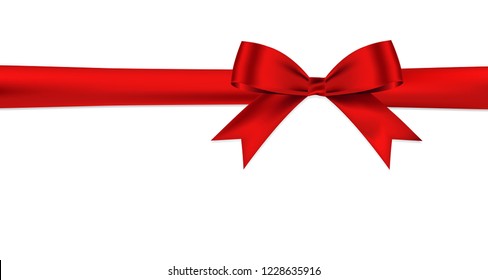 Red bow and horizontal ribbon realistic shiny satin for decorative your gift card or website vector isolated with shadow on white background.