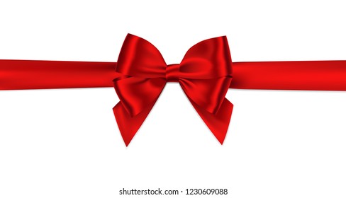 Red bow and horizontal ribbon realistic shiny satin with shadow for decorate your greeting card, wedding invitation card or website vector EPS10 isolated on white background