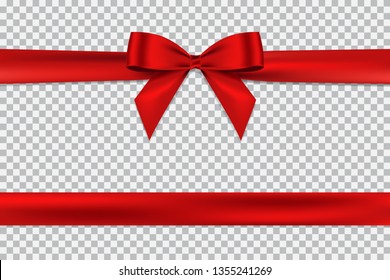 Red bow and horizontal ribbon realistic shiny satin with shadow for decorate your greeting card,wedding invitation card or website vector EPS10 isolated on transparent background.