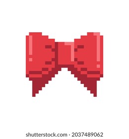 Red bow icon. New Year greeting card design. Pixel art style. Isolated vector illustration. Game assets 8-bit sprite. Design for stickers, web, mobile app.