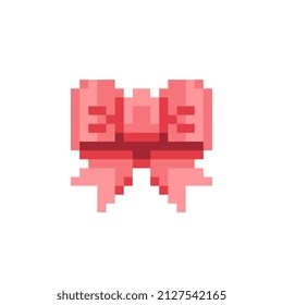 Red bow icon. New Year greeting card design. Pixel art style. Isolated vector illustration. Game assets 8-bit sprite. Design for stickers, web, mobile app.