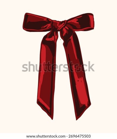 Red bow illustration with long elegant ribbon tails, ideal for Christmas cards, gift packaging, invitations, posters, seasonal branding, festive decorations, digital artwork, and holiday graphic desig