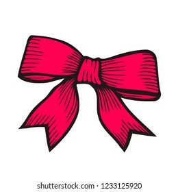 Red bow isolated on white background. Vintage engraving stylized color drawing. Vector illustration