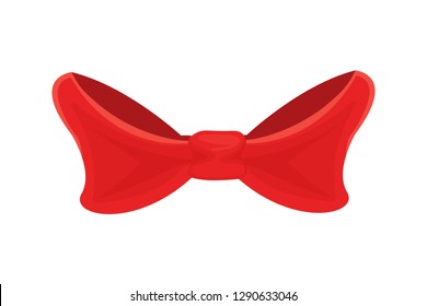 Red bow isolated on white. Single gift knot of ribbon in flat style design. Vector cartoon illustration of bowtie from wide strip, decorative element