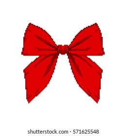 Red bow isolated on white background, pixel ribbon