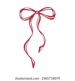 Red bow. Isolated vector EPS object. Line art hand-drawn illustration. Thin ribbon accessory. Coquette core. Whimsical element for romantic invitation, birthday, card, wedding design. Outline sketch.