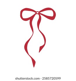 Red bow. Isolated vector EPS object. Line art hand-drawn illustration. Thin ribbon accessory. Coquette core. Whimsical element for romantic invitations, birthday, cards, wedding design. Silhouette.