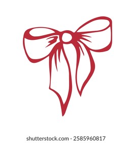 Red bow. Isolated vector EPS object. Line art hand-drawn illustration. Bouffant hair accessory. Coquette core. Decorative element for romantic invitations, greeting, wedding. Outline sketch.