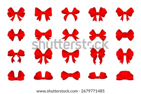 red bow, knot flat icon set. Decoration for gift, birthday, christmas, valentine, wedding present, holiday surprise. Tie butterfly collection, elegant decor for box, package, web site design element