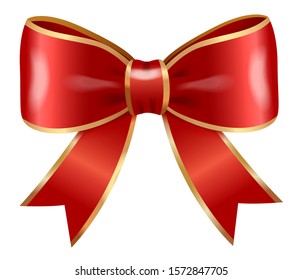 Red bow made from ribbons isolated on white background. Sample of knots for decoration gift boxes for holiday. Wrapping packages for party celebration. Vector gift bow illustration