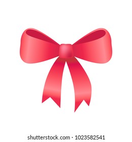Red bow made of silk tape icon, vector illustration gentle decorative element isolated on white background, tied ribbon with two petals and ends