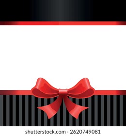 Red bow on a card with an invitation ticket. Happy New Year greetings, cute ribbon. Happy anniversary greetings.