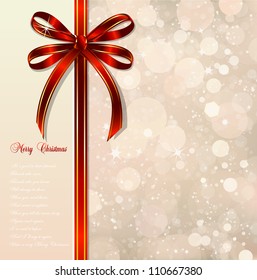 Red bow on a magical Christmas background. Vector