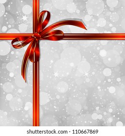 Red bow on a magical Christmas background. Vector