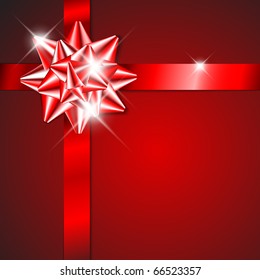 Red bow on a red ribbon with red  background - vector Christmas card (no text)