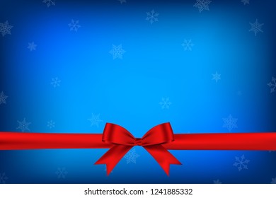 Red bow realistic shiny satin and horizontal ribbon on snowflakes blue background for decorate your christmas card or your website vector EPS10.