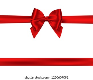 Red bow realistic shiny satin,ribbon horizontal line and space for your text ,with shadow for decorate your christmas card vector EPS10 isolated on white background.