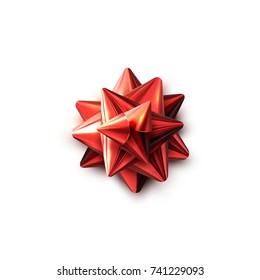 Red bow. Realistic vector illustration. Glossy bow isolated on white. Festive decorative element for design. Holiday ornament for gift decoration