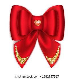 Red bow with rhinestones. Holiday decoration. Isolated on a white background. Vector illustration.