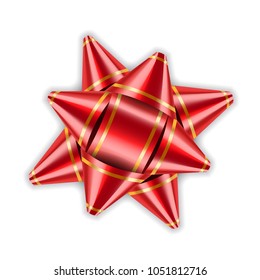 Red bow ribbon 3d decor element package Shiny color satin decoration gift present, holiday design, isolated white background. Symbol Christmas, New Year celebration, birthday Vector illustration