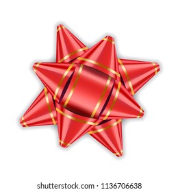 Red bow ribbon 3d decor element package Shiny color satin decoration gift present, holiday design, isolated white background. Symbol Christmas, New Year celebration, birthday Vector illustration