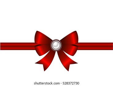 Red bow with ribbon and brooch on a white background. Brooch with pearls. Invitation, greeting card or card template.