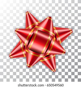 Red bow ribbon decor element package Shiny color satin decoration gift present isolated white transparent background. Christmas New Year celebration, birthday holiday design Vector illustration