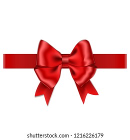Red bow with ribbon isolated on white background. Vector rose bow for gift box decor. Top view of Christmas gift box with bow. Vector illustration.