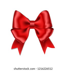 Red bow with ribbon isolated on white background. Vector bow for gift box decor. Top view of Christmas gift box with bow. Vector illustration.