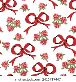 Red bow ribbon and rose flowers seamless pattern. Valentine day, Birthday wallpaper. Hand drawn cartoon cute background in retro floral vintage style. Childish drawing style vector illustration.