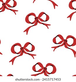 Red bow ribbon seamless pattern. Valentine day, Birthday, Christmas, New Year wallpaper. Hand drawn cartoon cute background in retro vintage style. Childish drawing style vector illustration.