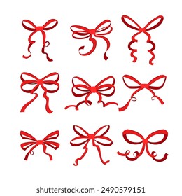 red bow ribbon set cartoon. present holiday, christmas satin, silk wrap red bow ribbon sign. isolated symbol vector illustration