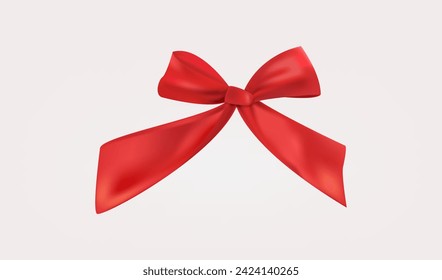 Red bow and ribbon silk decorative element. Vector realistic handmade bow decor of gift isolated on white background.